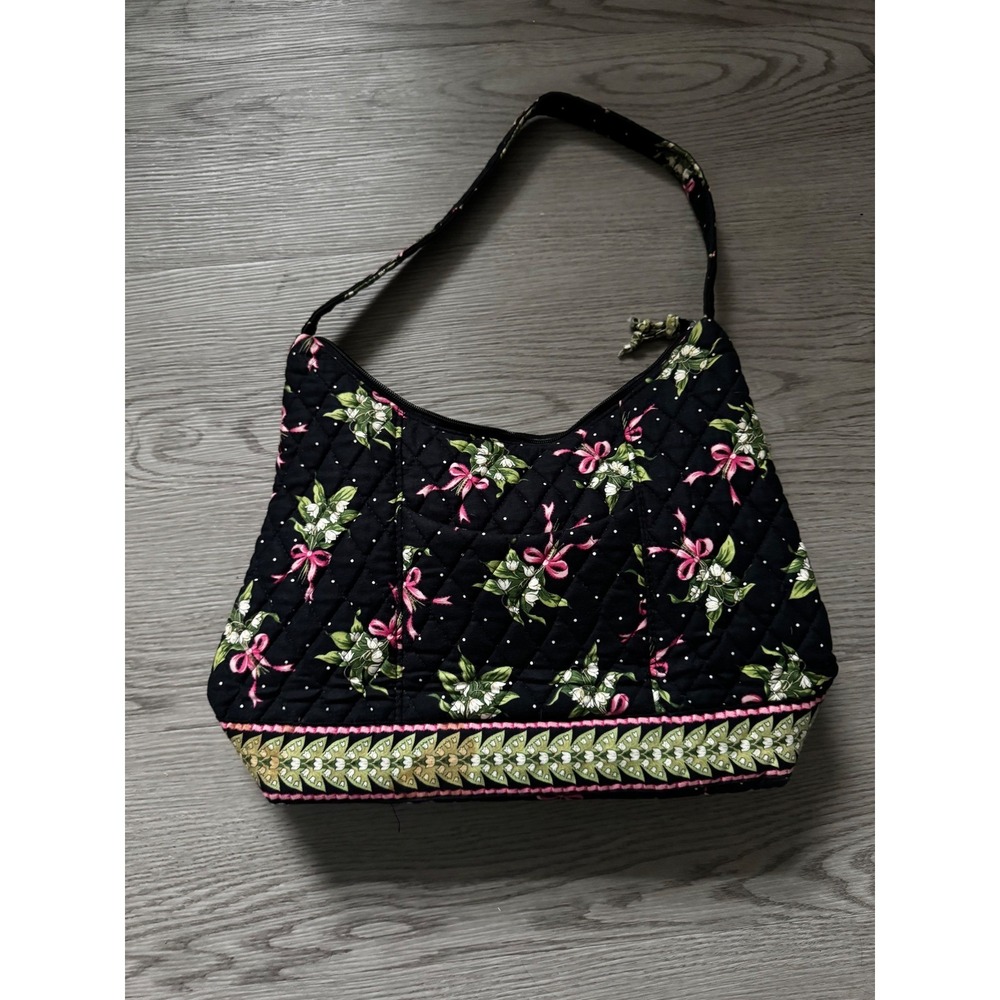 Vera Bradley Lily Bell Quilted Cotton Shoulder Bag Black Floral Pink Bows Hobo
